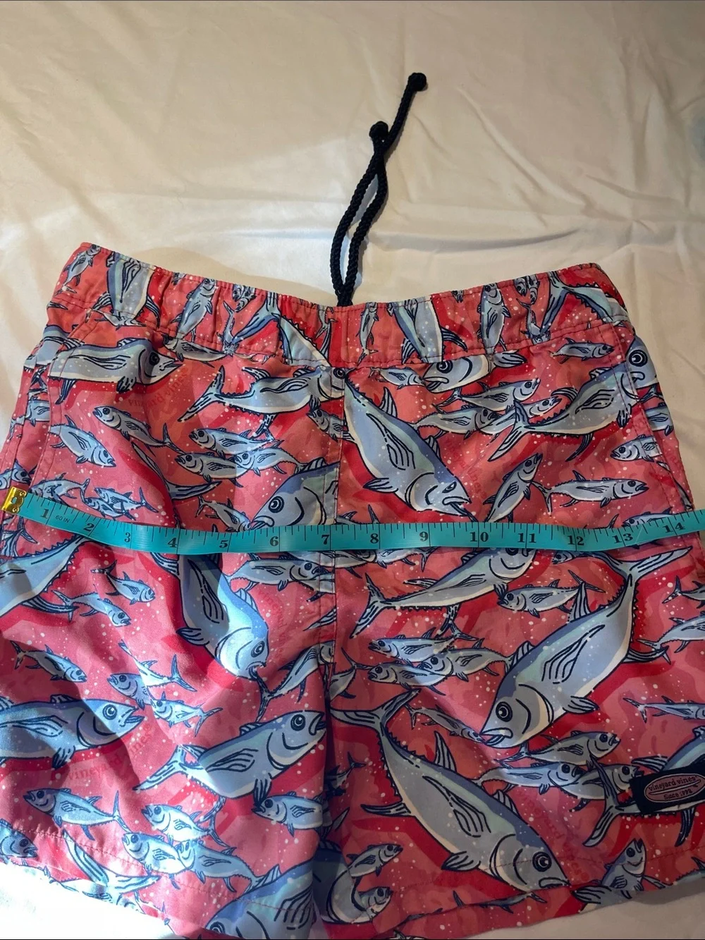 Vineyard Vines Kids Swim Trunks - Coral with Light Blue Fish Print